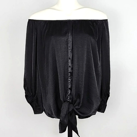 Jennifer Lopez Tops - Jennifer Lopez Off The Shoulder Front Knot Black Blouse Flowy Lightweight Large